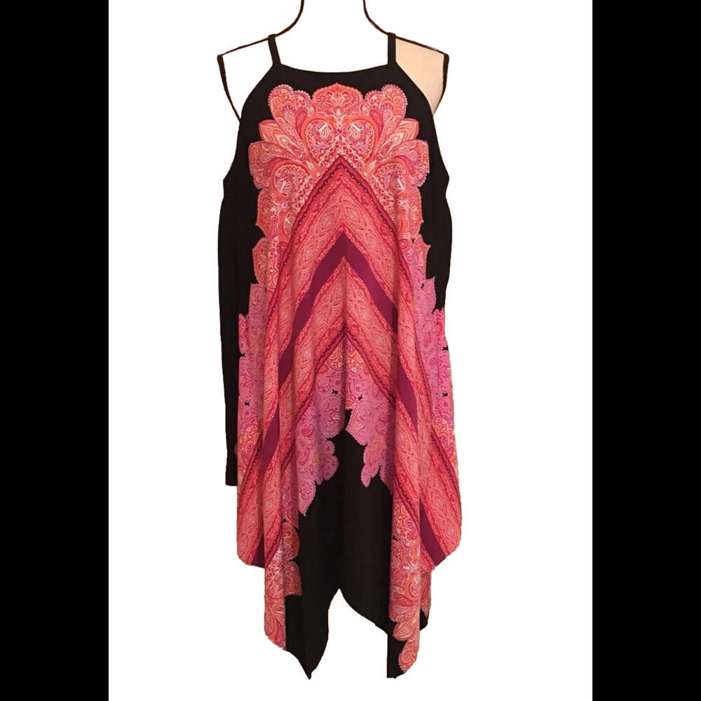 👗🔴🖤White House Black Market Size 12 $140 Scarf Shift Dress Black Red White